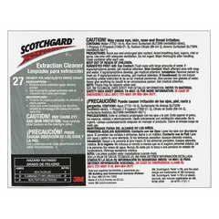 Secondary bottle label for identifying containers holding Scotchgard Carpet Extraction Cleaner 27. Measures 8-1/2 inches wide. Supplied in a 12-pack. Used in industrial facilities for compliant chemical labeling.