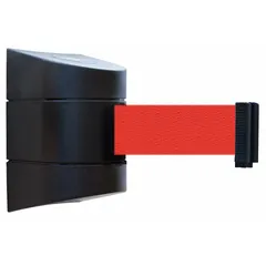This wall-mount retractable belt barrier features a 15 ft red belt and a black frame. It is designed for crowd control and access restriction in industrial, commercial, and public environments. The fixed mounting plate allows secure installation on walls or posts. No legend is printed on the belt.