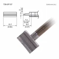 Spatula-shaped soldering tip for the FX-9701 handpiece. The 15.7 mm wide flat surface provides broad heat transfer, suited for drag soldering and desoldering multi-lead components on PCBs