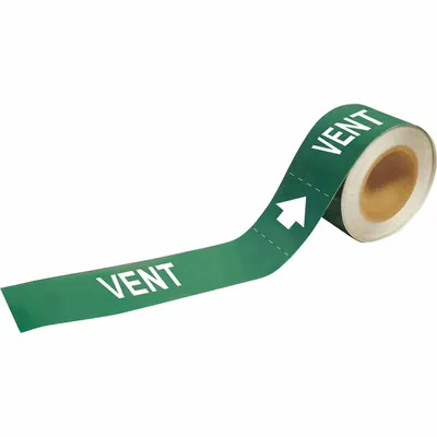BRADY Pipe Marker: Vent, Green, Green, Fits 2 1/2 to 6 in Pipe O.D., 25 Pipe Markers - Vent Adhesive Pipe Markers on a Roll