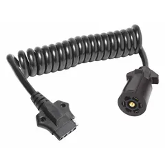 This adapter converts a 7-Way Blade vehicle plug to a 5-Way Flat trailer connector, enabling compatibility between different trailer wiring systems. The plastic housing and 72-inch coiled cable provide flexibility for towing connections. Suitable for fleet and vehicle maintenance applications where adapting wiring without rewiring is required.