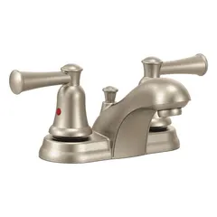 Centerset bathroom faucet with low arc spout, constructed from brass with a brushed nickel finish. Flow rate of 1.2 gpm. Includes mounting hardware. Suitable for standard bathroom sink installations.