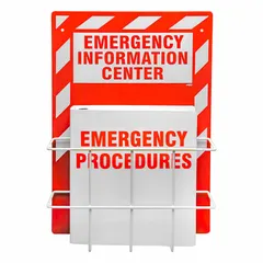Wall-mount safety sign and document display station. Overall dimensions: 20 in height, 14 in width, 4 1/2 in depth. Mounting hardware not included. Used to organize and display safety information in industrial facilities.
