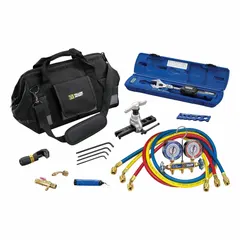 Analog mini-split manifold gauge and tool kit with 3 1/8 in gauge, two valves, and three SAE hoses. For use with R-32, R-410A, and R-454B refrigerants. Includes a 60101 Tube Cutter. Suitable for servicing, charging, and evacuating mini-split air conditioning systems.