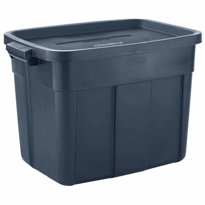 RUBBERMAID Storage Tote: 18 gal, 23 7/8 in x 16 3/8 in x 17 1/2 in, Dark Blue/Metallic Body - Colored Totes with Snap-On Lids
