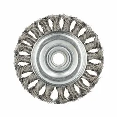 This heavy-cleaning brush is designed for contoured stainless steel surfaces. It features a 4 in diameter, 5/8"-11 arbor, and 0.02" twisted stainless steel fill. Suitable for removing rust, scale, and weld splatter without contaminating the workpiece.