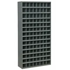 This lipped fixed-size compartmented shelving unit is constructed from steel with a gray powder-coated finish. It features 112 compartments for organizing small parts, documents, or mail in industrial settings such as warehouses, workshops, and offices.