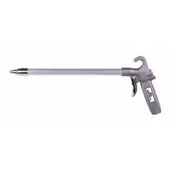 This pistol-grip air gun features an aluminum body with a straight, focused nozzle for concentrated airflow. It has a 1/4 in female NPT connection and includes one nozzle. Suitable for blow-off, cleaning, and drying tasks in industrial settings.