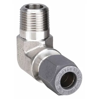 PARKER Compression Fitting Elbow: 1/2 in OD x 1/2 in Pipe size, 1/2-14 Thread Size - Flareless Bite-Type Stainless Steel Compression Fittings