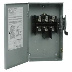 Non-fusible safety switch rated 100 A, three-phase, 240V AC. Housed in a galvanized steel enclosure for indoor use. Provides a means to safely disconnect power for maintenance or emergency shutdown in electrical circuits.