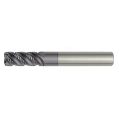 This corner-radius carbide roughing end mill is designed for aggressive material removal in steel and cast iron. It features an AlTiN coating, 6 flutes, a 1" mill diameter, 2-1/4" length of cut, and a 0.05" corner radius. Suitable for roughing operations in general metalworking and mold and die applications.