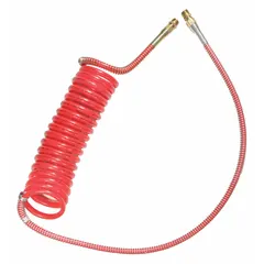 Coiled air brake assembly for emergency and service applications. Outer diameter 1/2 in, length 15 ft, green color. Used to supply compressed air between tractor and trailer in heavy-duty truck and trailer air brake systems.