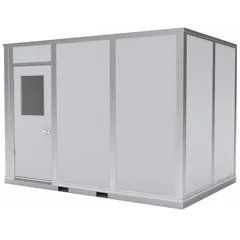 This 4-wall assembled in-plant office provides an enclosed workspace within industrial facilities. It features an aluminum frame and gray vinyl-covered drywall panels with a Sound Transmission Coefficient of STC 25 for moderate noise reduction. The unit is pre-assembled and ready for placement on the plant floor.