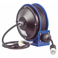 Self-retracting cord reel with 30 ft of 16 AWG SJO cable, NEMA 5-15P feeder plug and 5-15R retractable connector. Ratchet lock holds cord at desired length. Blue finish. For organizing power cords in workshops, factories, and maintenance areas.