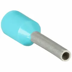 Insulated ferrule for terminating a single stranded wire into a terminal block. Accepts up to 22 AWG wire. Turquoise polypropylene insulation. Used in control panels, automation systems, and electrical enclosures to prevent wire fraying and ensure secure connections.