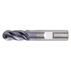 This carbide ball end mill is designed for fast cutting in steel and cast iron. With a TiAlN coating and 4-flute geometry, it is suited for contouring, slotting, and profiling operations. Mill diameter is 1/2", length of cut is 1-1/4", and overall length is 3".