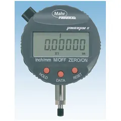 Digital indicator with removable flat back for precision dimensional measurement. Measures displacements from 0.00002 in to 0.4 in / 0.001 mm to 1 mm with 0.002 mm resolution. Inch/Metric display, IP54 protection, 58 mm body diameter. Suitable for machining and quality control applications.
