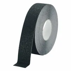 Solid black antislip tape in roll form with extra-coarse 36-grit abrasive surface. Features permanent solvent acrylic adhesive and meets R13 slip-resistance standards. Designed for indoor heavy-traffic areas such as ramps, walkways, and industrial floors.