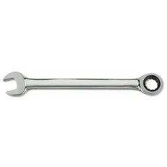 This SAE 12-point ratcheting combination wrench is constructed from alloy steel with a chrome finish. It features a 1 13/16 in head size and an overall length of 25 3/8 in. The standard (non-reversible) design is suited for tightening or loosening fasteners in industrial maintenance, repair, and assembly applications.