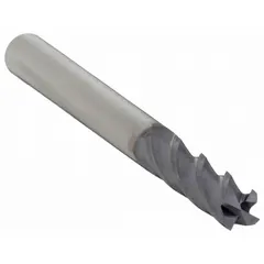 This carbide square end mill features a TiAlN coating and four flutes for general-purpose milling of metals. It is used for creating flat-bottomed slots, pockets, and contours in materials such as steel, stainless steel, and cast iron. The tool has a 1/64" mill diameter, 1/32" length of cut, and 1-1/2" overall length.