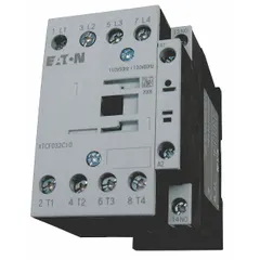 EATON XTCF032C10A is a 4-pole non-reversing IEC contactor rated 18 A with 4 normally open contacts and a 120V AC coil. Integrated surge suppression is included. Typical applications include switching motors, lighting, and resistive loads in industrial control panels and automation systems.