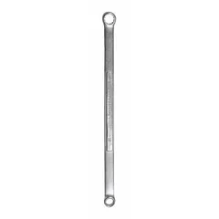This double-end box end wrench features 12-point openings for 6 mm and 8 mm hex fasteners. The offset design provides clearance over obstructions, making it suitable for tightening or loosening nuts and bolts in confined spaces. Constructed from alloy steel with a satin finish.