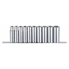 This 10-piece SAE socket set includes deep sockets ranging from 3/8 in to 15/16 in with a 1/2 in drive and 6-point design. The sockets are tether ready for drop prevention. Suitable for tightening and loosening hex fasteners in maintenance, repair, and assembly tasks.