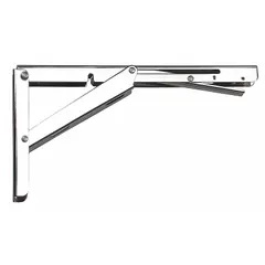 Heavy duty folding shelf bracket made of 18-8 stainless steel with polished finish. Measures 12 3/32 in length, 6 1/2 in height, 1 9/64 in width, with 165 lb capacity. Suitable for workstations, storage racks, and equipment platforms.