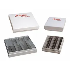 This cardboard freezer box is designed for cold storage of laboratory samples in ultra-low temperature environments. It includes a (196) place cell driver to organize and protect vials or tubes. Overall width is 5 1/4 in. Compatible with manufacturer model number 0381530.