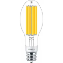 This PHILIPS LED lamp features an ED28 shape with a Mogul Screw (EX39) base, consuming 45 watts and producing 3000K warm-white light. It is designed for universal burning orientation and is not shatter-resistant. Commonly used in high-bay and industrial lighting applications as an energy-efficient replacement for traditional HID sources.