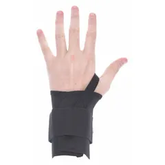 Left-hand wrist support in size S, black, fitting wrists up to 6 inches. Double-strap design provides adjustable compression for ergonomic support during repetitive tasks in industrial, manufacturing, and warehouse environments.