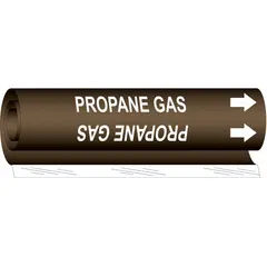 Wrap-around pipe marker for identifying propane gas lines. Features brown background with white legend and directional arrows. Fits pipe outer diameters from 1-1/2 to 2-3/8 inches. Supplied as a single marker.