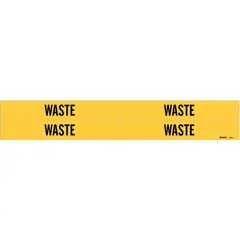 Yellow adhesive pipe marker with black 'Waste' legend, designed for pipe outer diameters from 3/4 to 2-3/8 inches. Pack of 4 markers without arrows, used to identify waste piping systems in industrial and commercial facilities.