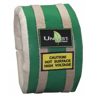 Ceramic fiber insulation jacket for straight pipe sections. Features a Teflon coated fiberglass cloth jacket with buckled strap fastening system. Used for thermal management in industrial piping systems to reduce heat loss and protect personnel