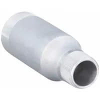This threaded high-pressure pipe fitting features male NPT threaded connections on both ends, with a 1 1/2 in x 3/4 in size. It is used to connect two male NPT threaded pipes in pneumatic, hydraulic, and fluid-handling systems