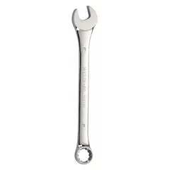 Chrome-finished alloy steel combination wrench with a 1-inch head size and 13 1/4-inch overall length. Offset design provides clearance for accessing fasteners in confined spaces. Suitable for tightening or loosening SAE spline fasteners in general mechanical assembly and maintenance tasks.