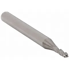 General purpose carbide ball end mill with 3/64" mill diameter, 1/8" length of cut, 1-1/2" overall length, and 3 flutes. Suitable for creating contoured surfaces, slots, and 3D profiles in ferrous and non-ferrous materials. Used in die and mold work, CNC machining, and finishing operations.