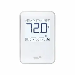 Wall-mount digital sensor with plastic housing, measuring temperature from 32°F to 104°F (±1.00°F accuracy) and relative humidity from 10% to 80% (±2% of full scale). Includes onboard passive infrared (PIR) occupancy sensor and screw terminals. Communicates via BACnet MS/TP for integration with building automation systems.