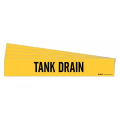 Yellow adhesive pipe marker with black legend reading 'Tank Drain' for identifying drain lines on pipes. Fits pipe outer diameters of 8 inches and larger. Pack of 5 markers without directional arrows. Suitable for industrial piping systems where clear identification of drain valves is required.