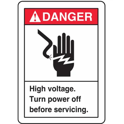 ACCUFORM Safety Label: Vinyl, Adhesive Sign Mounting, 5 in x 3 1/2 in Nominal Sign Size - Danger: High Voltage. Turn Power off Before Servicing. Signs
