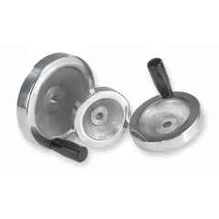 This solid hand wheel features a revolving handle for ergonomic manual operation. Constructed from aluminum with a zinc-plated finish, it is suited for valve actuation, machine adjustment, and positioning controls in industrial settings.
