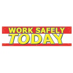 This indoor/outdoor safety banner is made of poly sheeting with a nominal size of 28 in x 96 in. It features one printed side and is suitable for use in industrial facilities, warehouses, and construction sites to promote workplace safety awareness.