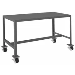 Fully assembled steel-top worktable with a welded, powder-coated frame and fixed height. Features four swivel locking casters with phenolic wheels for mobility. Overall load capacity of 2000 lb. Suitable for industrial workstations, assembly lines, and maintenance areas.