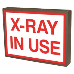 This custom backlit sign is 8 inches tall and designed for clear visibility in low-light conditions. It is used to indicate when an X-ray is active, supporting safety communication in areas where X-ray equipment is operated.