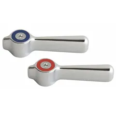 Metal lever handle for hot and cold water faucets. Features a polished chrome plate finish. Includes mounting screws. Compatible with Chicago Faucets fixtures.