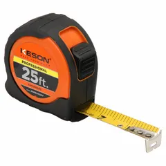 Engineers-scale tape measure with 25 ft length, dual SAE/Engineers Scale markings in feet and 1/100 ft increments. Features a nonmagnetic single hook tip, finger brake, and manual lock. High-visibility orange plastic body with rubberized grip. Used for precise linear measurements in layout, drafting, and field measurement tasks.
