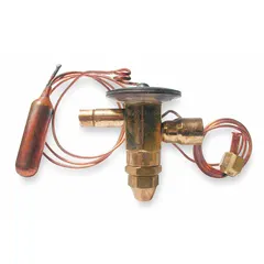 Thermostatic expansion valve for R-410A refrigerant with 3 ton nominal capacity. Non-adjustable superheat setting. 1/2 in female connection. Includes bulb strap. Used in HVAC and refrigeration systems to meter refrigerant flow.