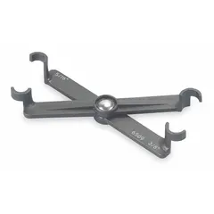 This fuel line disconnect tool is 8 inches long and black. It includes both 3/8 in and 5/16 in disconnect tools for use with 3/8 in fuel lines. Used to safely separate fuel lines during vehicle and equipment maintenance.