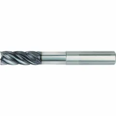 Solid carbide end mill with AlTiN coating for machining stainless steel and super alloys. Features 5 flutes and a 0.03" corner radius for high material removal rates. Mill diameter 3/4", length of cut 3-1/4", overall length 6".