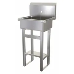 This one-station freestanding hand sink is constructed from 16-gauge stainless steel. It features a 17-inch bowl length and 7-inch bowl depth with one faucet hole. The sink does not include a side splash or faucet. Suitable for commercial handwashing applications in kitchens, laboratories, and industrial settings.